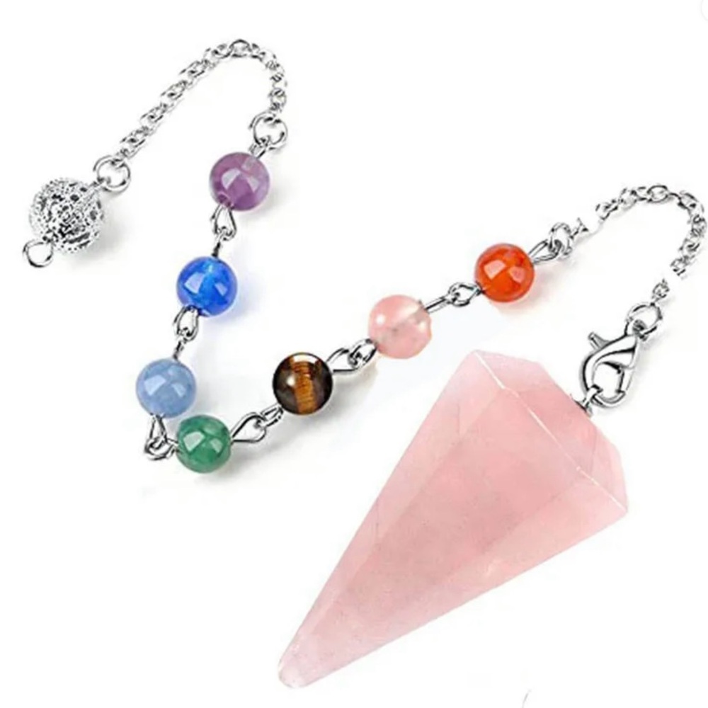 New Rose quartz, pendulum with chakra beads comes with the bag!